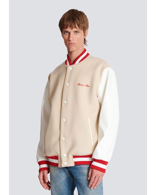 Balmain White Logo Embroidered Varsity Jacket for men