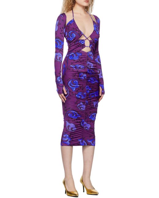 Versace Jeans Purple Couture Floral-Printed Cut-Out Detailed Midi Dress