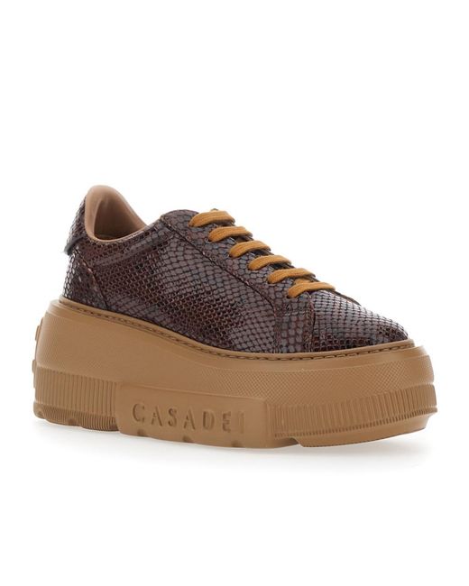 Casadei Brown Snake-Effect Platform Sneakers