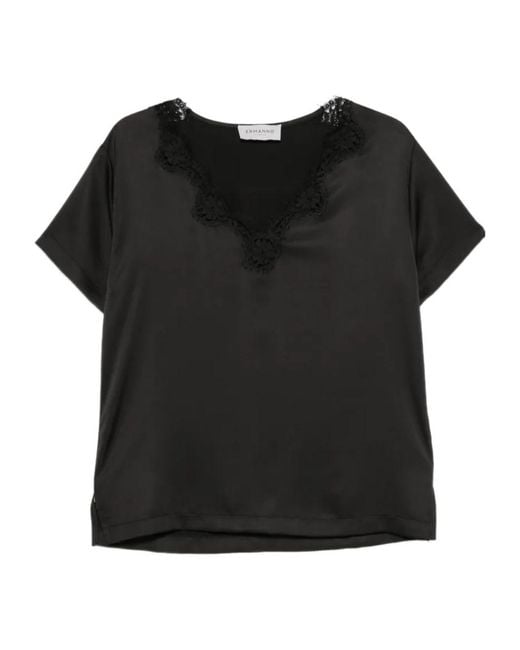 ERMANNO FIRENZE Black V-Neck Lace-Trim Top
