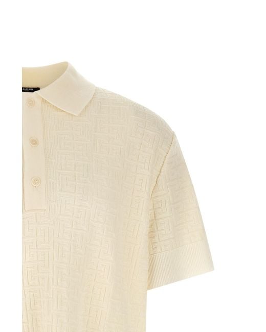 Balmain White Monogram Knit Polo Shirt for men