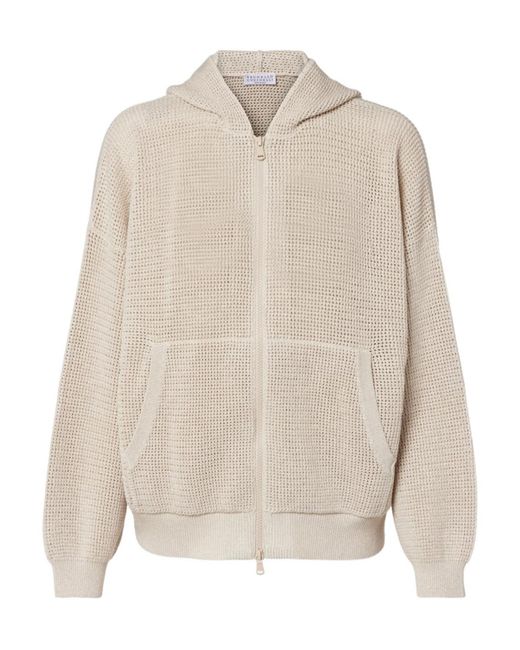 Brunello Cucinelli White Open-Knit Cotton-Blend Lamé Zip-Up Hoodie