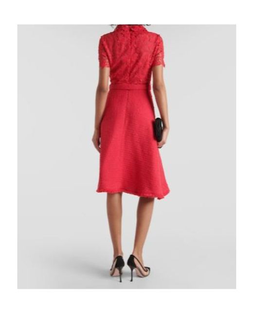 Oscar de la Renta Red Gardenia Guipure And Tweed Midi Dress