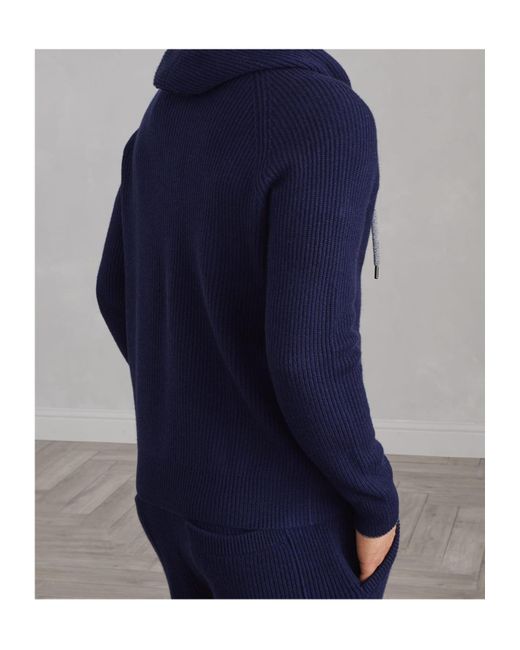 Brunello Cucinelli Blue Logo Embroidered Zipped English Rib Knit Hooded Sweatshirt for men
