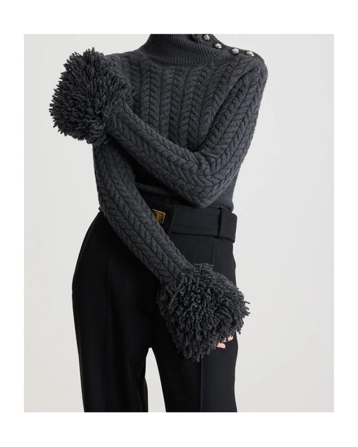 Patou Black Turtleneck Fringed-Trim Knit Sweater