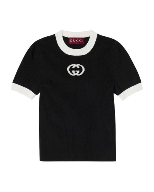 Gucci Black Ribbed T-Shirt With Intarsia
