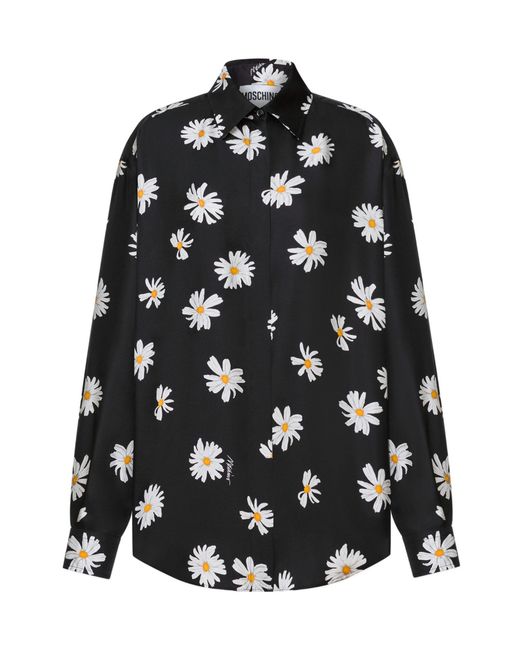 Moschino Black Silk Twill Shirt Allover Daisy