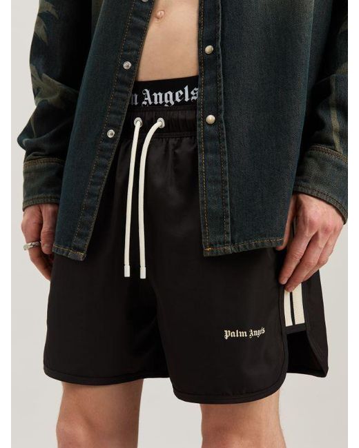 Palm Angels Black Logo Printed Drawstring Swim Shorts for men