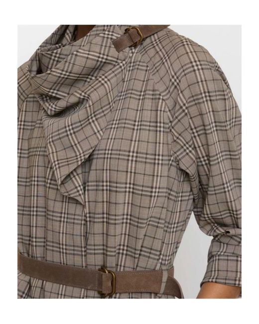 Burberry Gray Shawl Collar Checked Belted Midi Dress