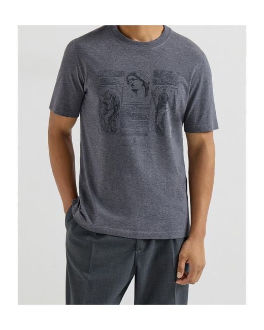 Brunello Cucinelli Gray Graphic Printed Crewneck T-Shirt for men