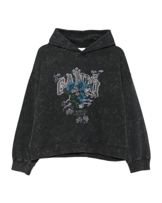 Ganni Black Graphic-Print Acid-Wash Hoodie