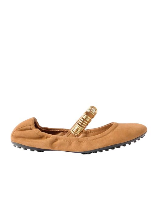 Tod's Natural Golden-Ring Detail Suede Ballet Flats