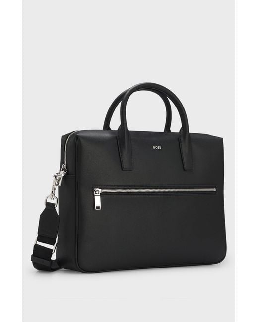 Boss Black Leather Zip Laptop Bag for men