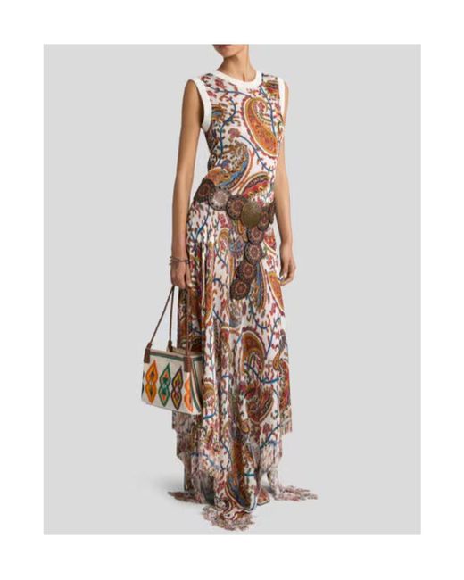 Etro White Floral Paisley Printed Fringed Knitted Long Dress