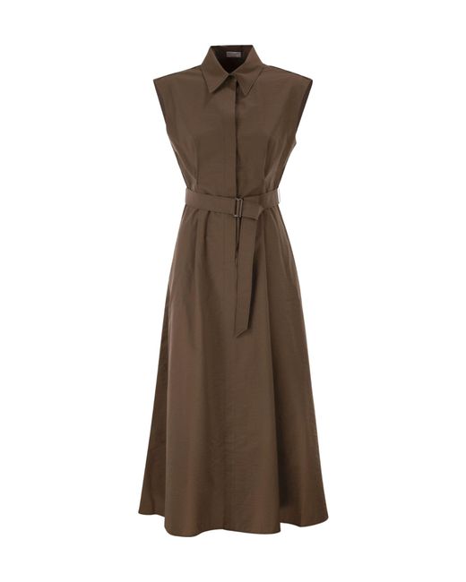 Brunello Cucinelli Brown Long Sleeveless Cotton Dress With Belt