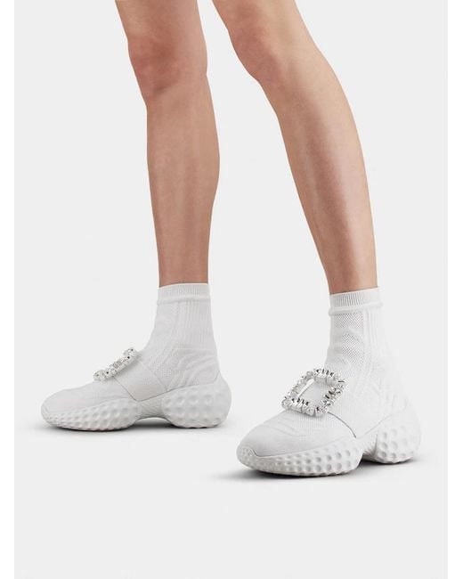 Roger Vivier White Viv' Run Light Socks Strass Buckle Ankle Boots