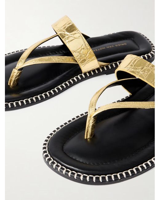 Dries Van Noten Metallic Triple-Strap Flip-Flops