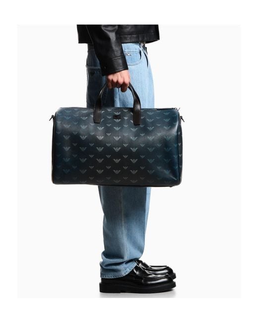 Emporio Armani Blue Monogram Logo Duffle Bag for men