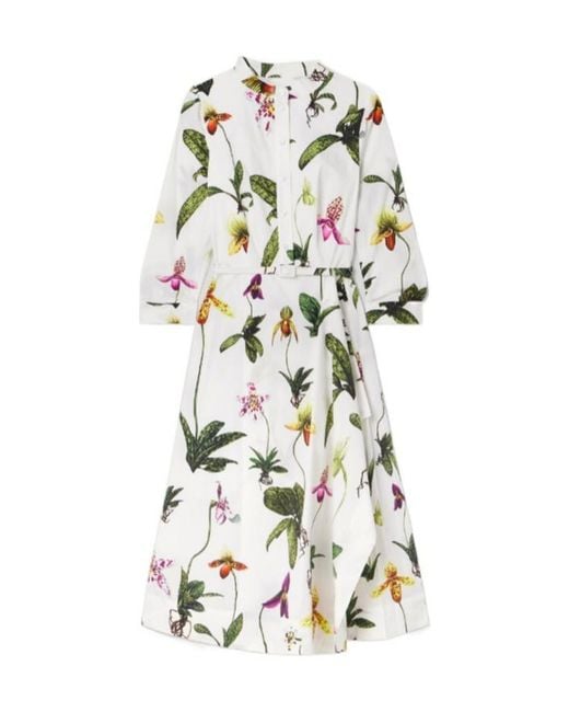 Oscar de la Renta White Printed Mid-Length Dress With Belt