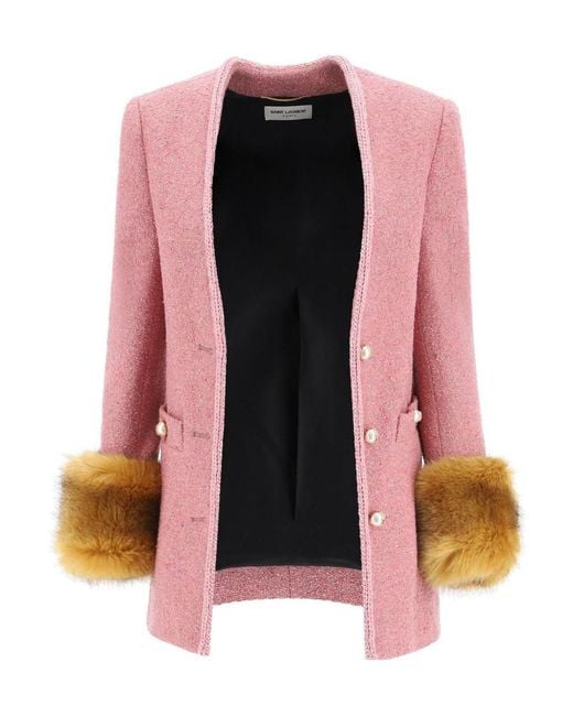 Saint Laurent Pink Faux-Fur Detail Fitted Jacket