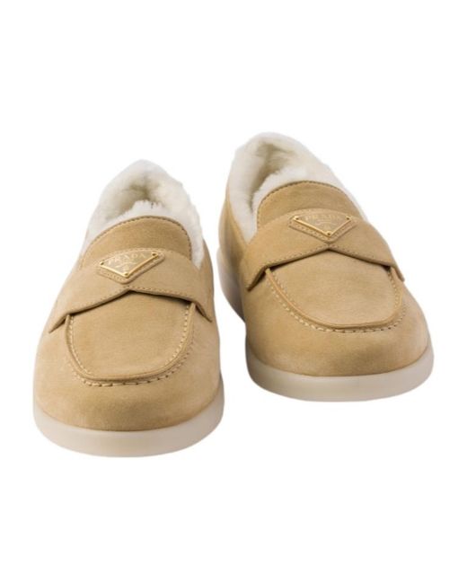 Prada Natural Triangle-Logo Slip-On Loafers