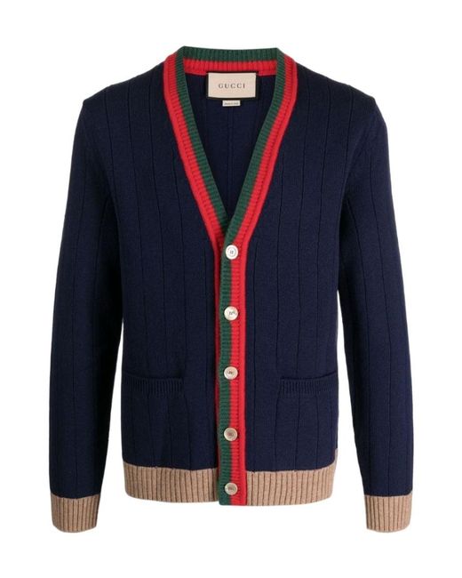 Gucci Blue Web-Stripe Wool Cardigan for men
