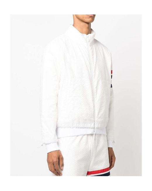 Thom Browne White Bar Striped Zipped Ripstop Jacket for men