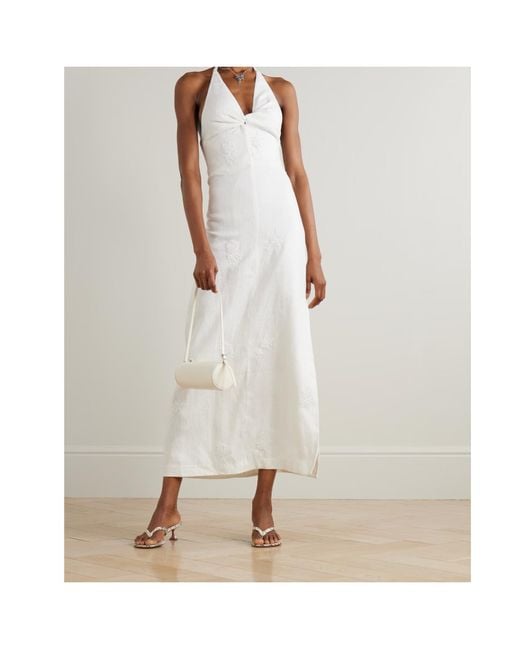 Sir White Alessandra Twist-Front Embroidered Linen Halterneck Midi Dress