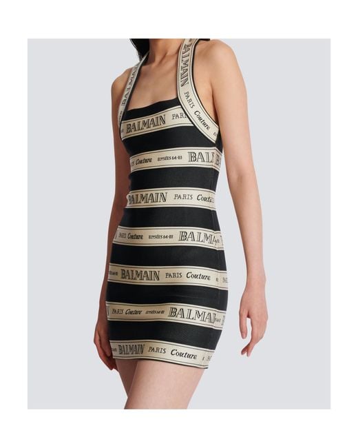 Balmain Ribbon Motif Jacquard Halterneck Dress in Black | Lyst