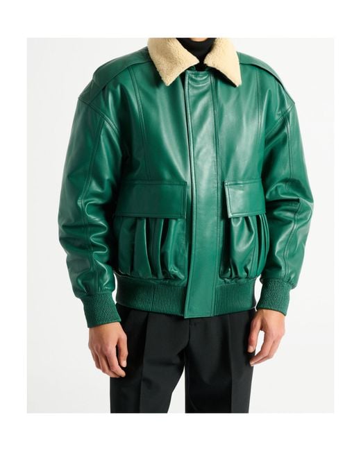 Balmain Green Shearling Leather Bomber Jacket for men