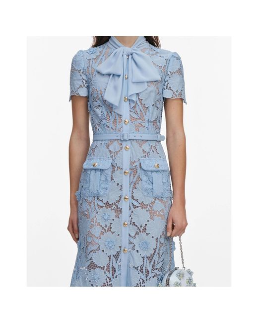 Self-Portrait Blue Lace Tie Neck Midi Dress