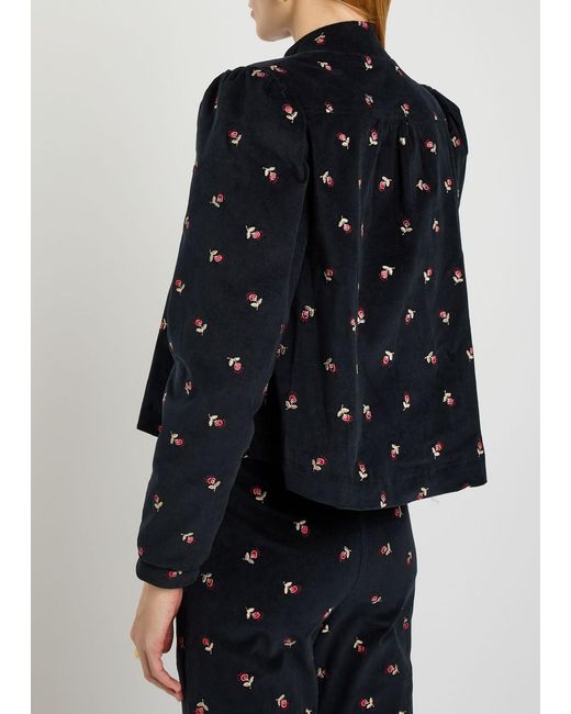 Rixo Blue Floral-Embroidered Fine Cord Jacket