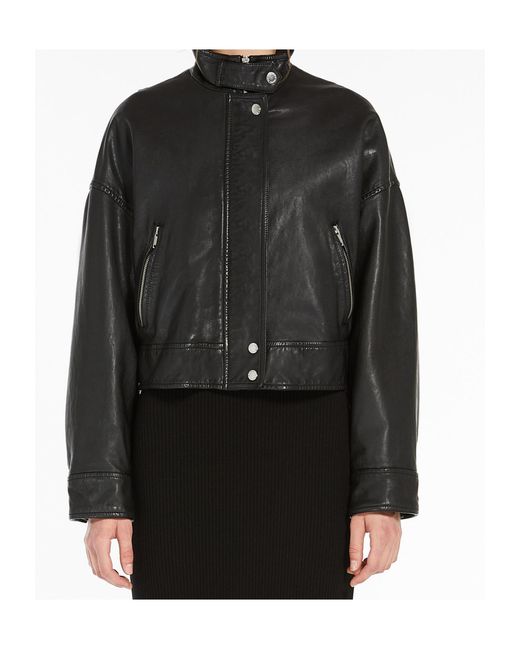 Weekend by Maxmara Black Washed Nappa-Leather Bomber Jacket