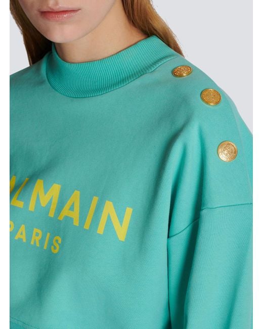 Balmain Blue Logo Printed Crewneck Cropped Sweatshirt