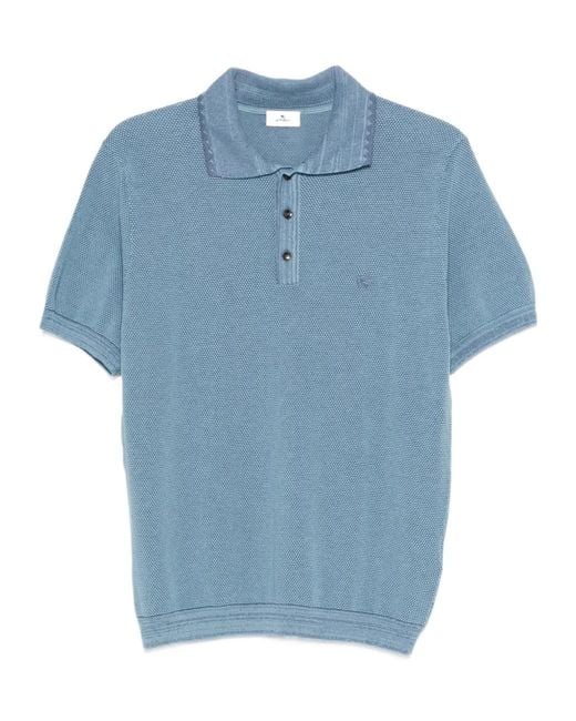Etro Blue Logo Embroidered Pique Polo Shirt for men