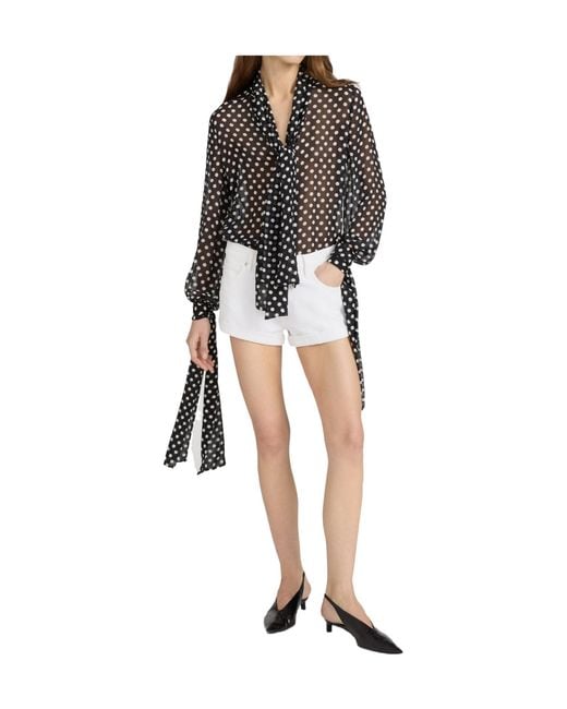 FRAME Black Tie-Neck Polka-Dot Top