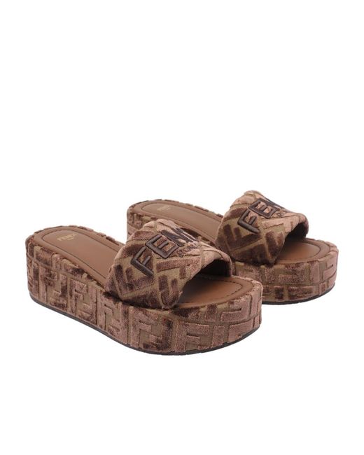 Fendi Brown Ff Logo Platform Slides