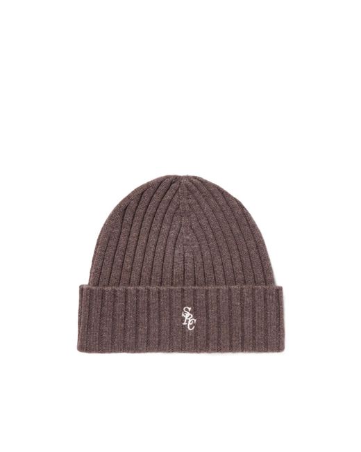 Sporty & Rich Brown Embroidered Ribbed Cashmere And Wool-Blend Beanie