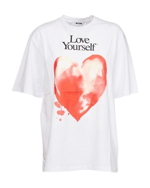 MSGM White Heart Graphic Print T-Shirt