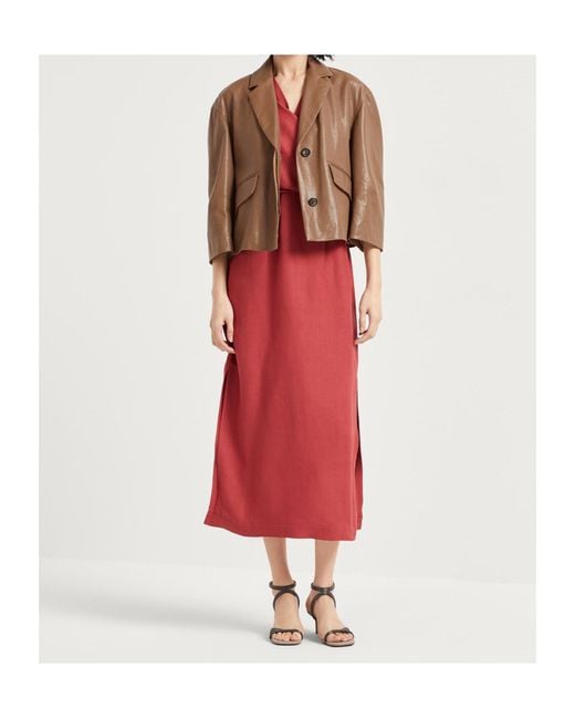 Brunello Cucinelli Red Fluid Twill Wrap-Effect Dress