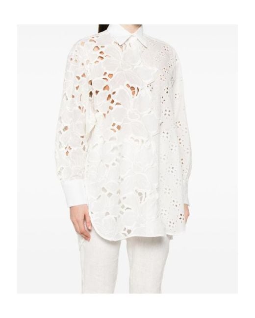 Ermanno Scervino White Broderie-Anglaise Floral-Detail Shirt