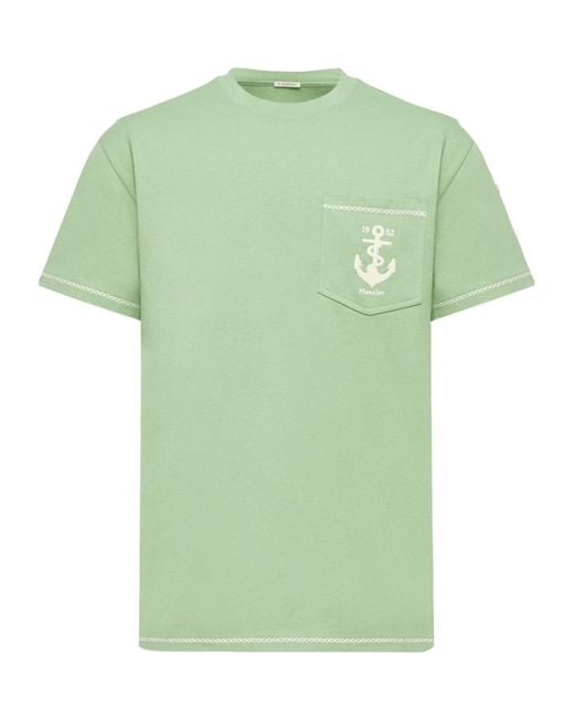 Moncler Green Embroidered Anchor Cotton T-Shirt for men