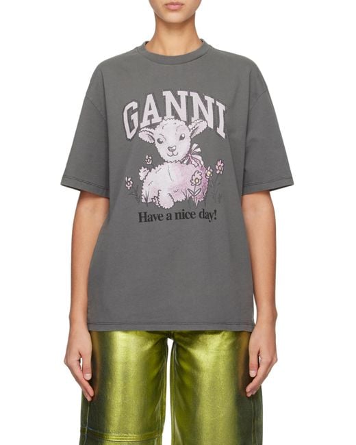 Ganni Gray Logo Printed Crewneck T-Shirt
