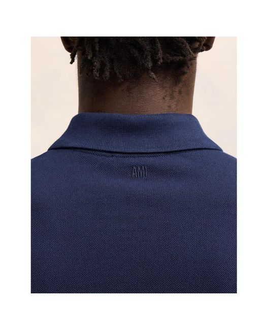 AMI Blue Logo Embroidered Short Sleeved Polo Shirt for men