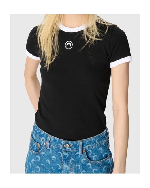 MARINE SERRE Black Logo Detailed Crewneck T-Shirt