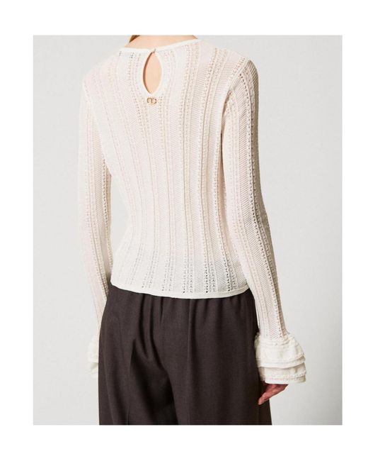 Twinset White Ruffled Open-Knit Top