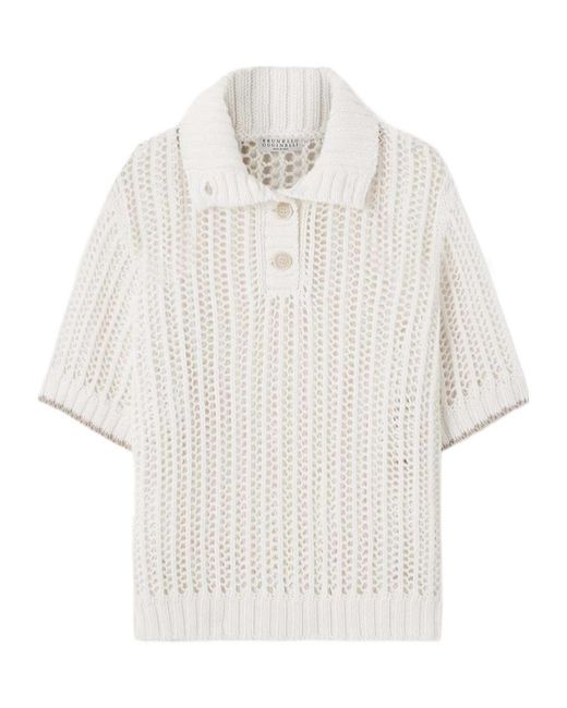Brunello Cucinelli White Openwork Short Sleeved Top
