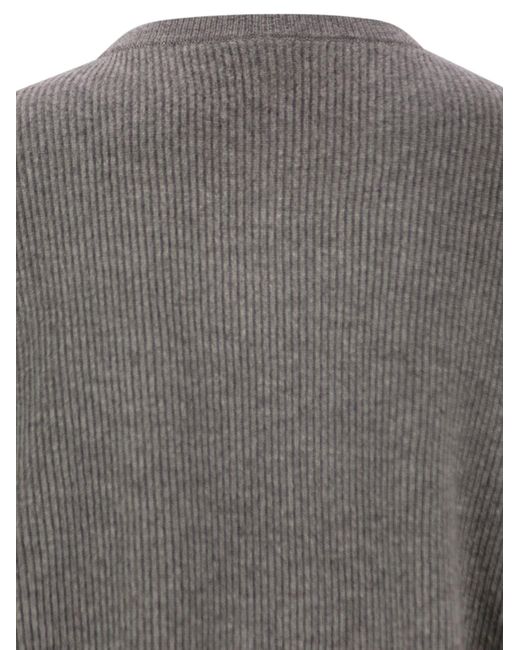 Brunello Cucinelli Gray English Rib Cashmere Sweater With Monile