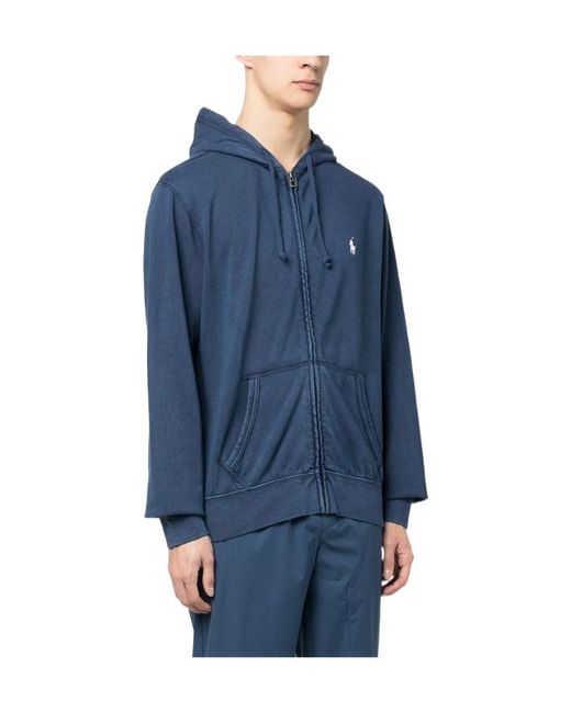 Polo Ralph Lauren Blue Pony Embroidered Zipped Drawstring Hoodie for men