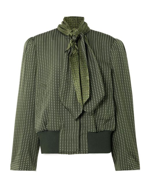 Dries Van Noten Green Tie-Neck Printed Satin-Trimmed Twill Bomber Jacket